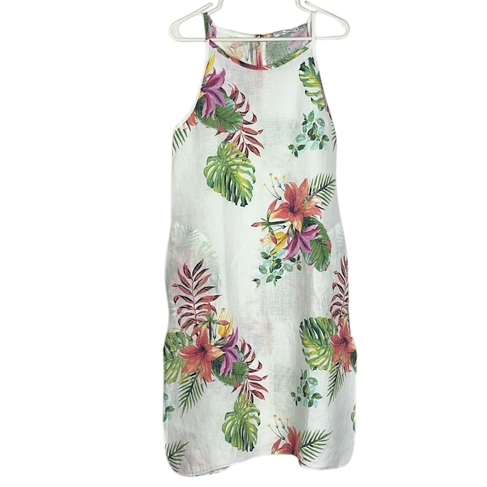 NWT Lungo L'Arno Italian linen popover tropical print side slit dress Sz M
